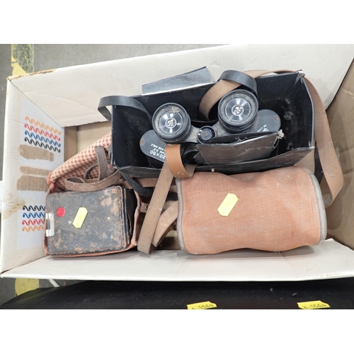 541 - A box of Table Lamps, Lanterns and a metal Oil Lamps,
two box Cameras and a pair of Binoculars