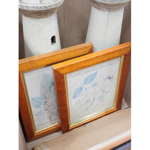 551 - A pair of wooden models of Lighthouses, four framed Prints and two Plates