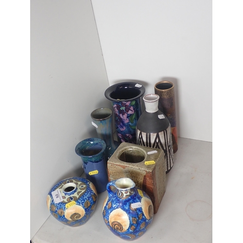 576 - A Clews blue glazed Vase and Jug A/F, and six studio pottery Vases