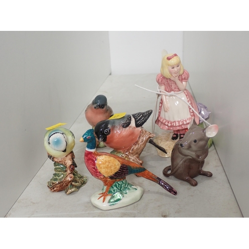 586 - A Royal Doulton 'Alice', Beswick Bullfinch, Chaffinch, Blue Tit, Pheasant and Mouse