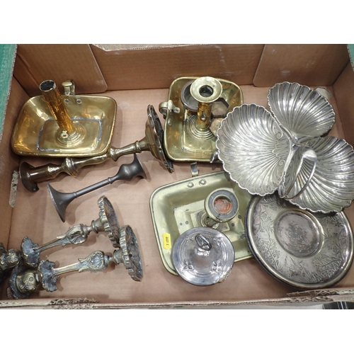 593 - A box of silver plated items including Hors D'oeuvres Dish, Tea Caddy, Teapots, hammered pewter Dish... 