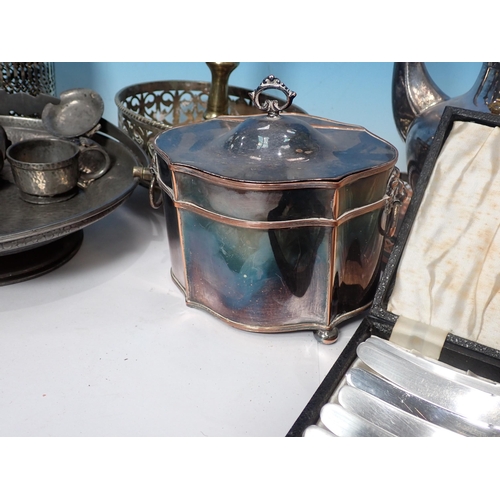 593 - A box of silver plated items including Hors D'oeuvres Dish, Tea Caddy, Teapots, hammered pewter Dish... 