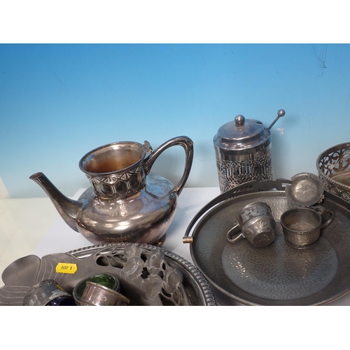 593 - A box of silver plated items including Hors D'oeuvres Dish, Tea Caddy, Teapots, hammered pewter Dish... 