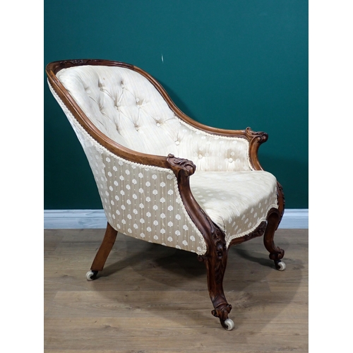 637 - A Victorian walnut button upholstered Armchair with scroll carved arms and carved cabriole front sup... 