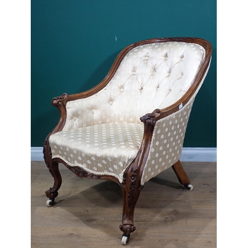 637 - A Victorian walnut button upholstered Armchair with scroll carved arms and carved cabriole front sup... 