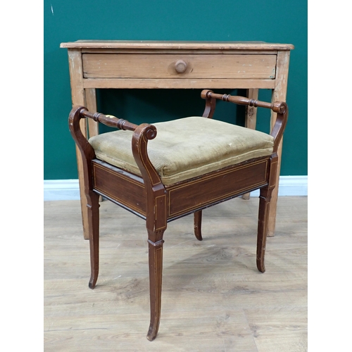 646 - A pine Side Table fitted frieze drawer on squared supports, 2ft 8in W and a Piano Stool