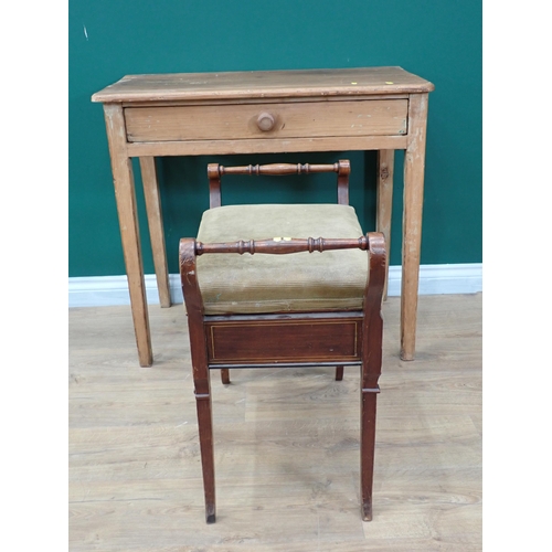 646 - A pine Side Table fitted frieze drawer on squared supports, 2ft 8in W and a Piano Stool