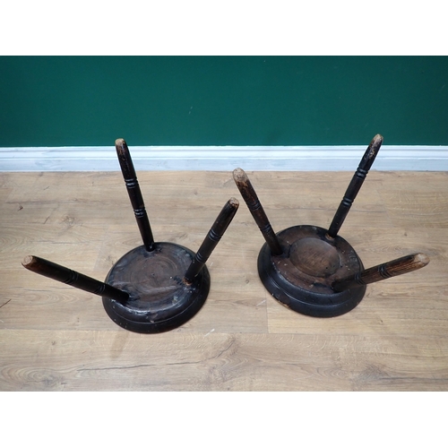 648 - Two turned wood Stools with dished seats and turned supports, 13 1/2in H