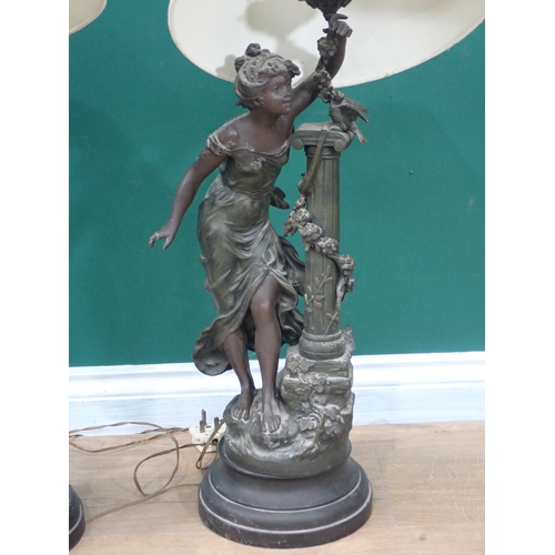 655 - Two large spelter Figural Table Lamps with maidens, 2ft 2in H, failed PAT