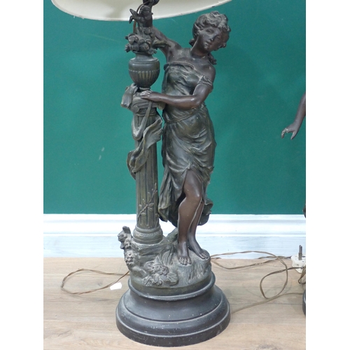 655 - Two large spelter Figural Table Lamps with maidens, 2ft 2in H, failed PAT