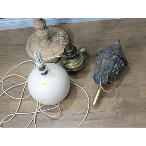 689 - A Wall Lantern, Standard Lamp (failed PAT), two Table Lamps, and part of an Oil Lamp