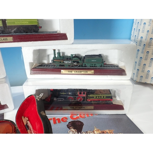 716 - Two boxes of model steam Trains and tenders and a miniature Violin