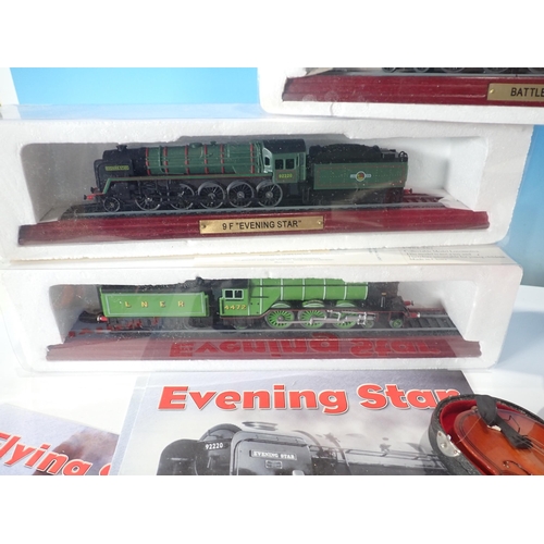 716 - Two boxes of model steam Trains and tenders and a miniature Violin