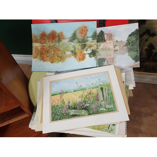 728 - An Armchair, a Bedside chest, a small circular table an folder of watercolours and a framed Print