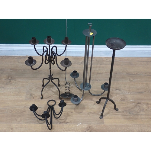 751 - A wrought iron candelabra, a Pricket Candlestick, and two Light Fittings