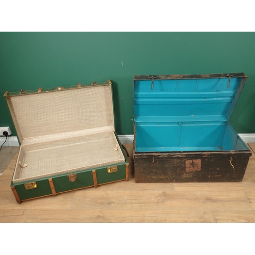 766 - A wooden bound Luggage Trunk and a tin Trunk, a Bagetelle Board and two box Cameras