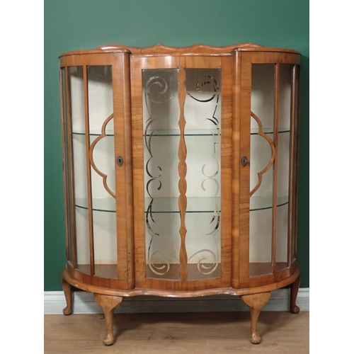 768 - An Art Deco walnut veneered Display Cabinet on cabriole supports 3ft 10in H x 3ft 4in W