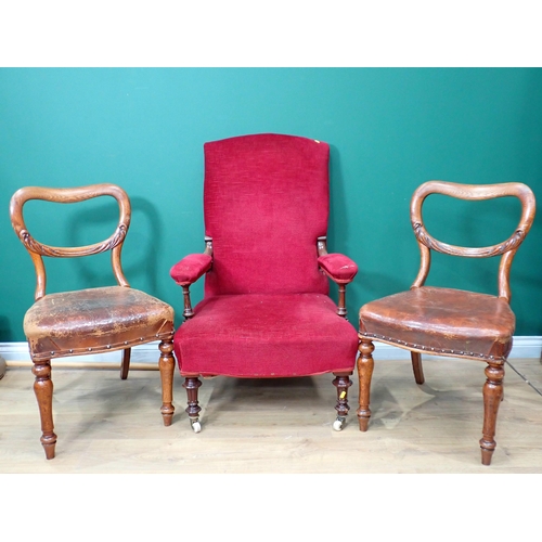 772 - A 19th Century mahogany framed open Armchair with deep red upholstery and an pair of Victorian oak b... 