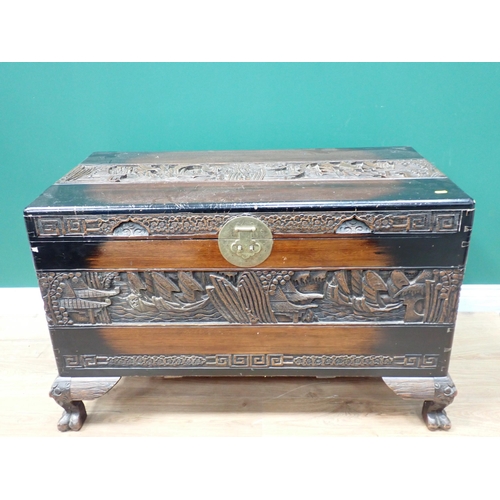 78 - An Eastern carved camphorwood Blanket Chest on cabriole supports and paw feet 3ft 3in W x 2ft H