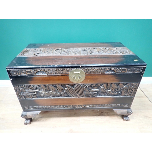 78 - An Eastern carved camphorwood Blanket Chest on cabriole supports and paw feet 3ft 3in W x 2ft H