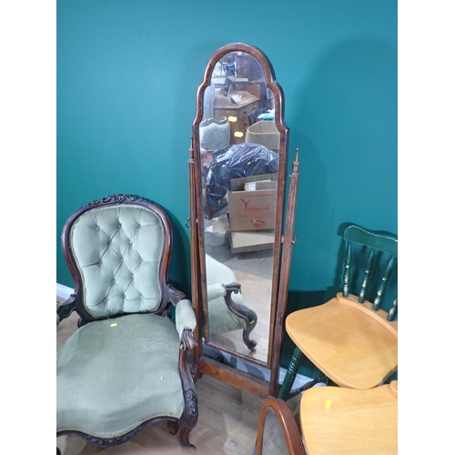 786 - Two Stools, mahogany framed Robing Mirror, Dressing Mirror and Victorian mahogany framed green butto... 