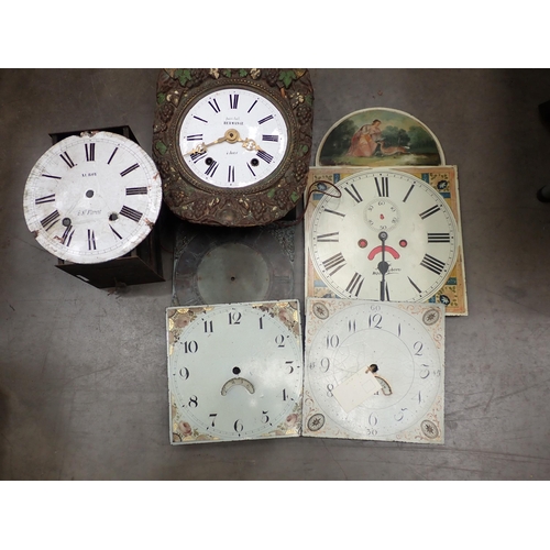 823 - Three boxes of Longcase Clock Parts and part of an oak case, also faces and weights