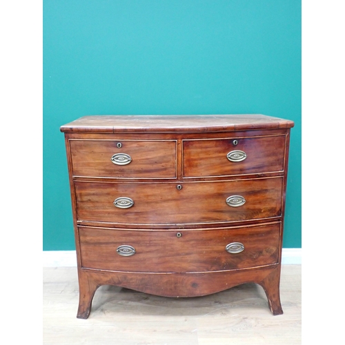 84 - A Georgian mahogany bow fronted Chest of two short and two long drawers mounted on splayed feet 3ft ... 