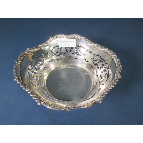 95A - An Indian pierced square Bowl with scroll border and presentation inscription