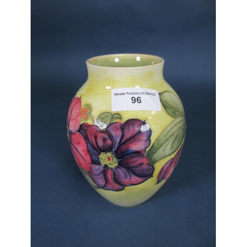 96 - A Moorcroft ovoid Vase with floral decoration on a yellow ground, 7in