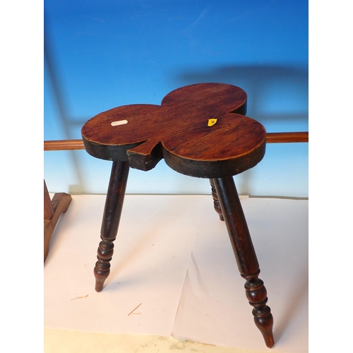 792 - An ash Milking Stool with clover shaped top on turned supports and a Towel Rail