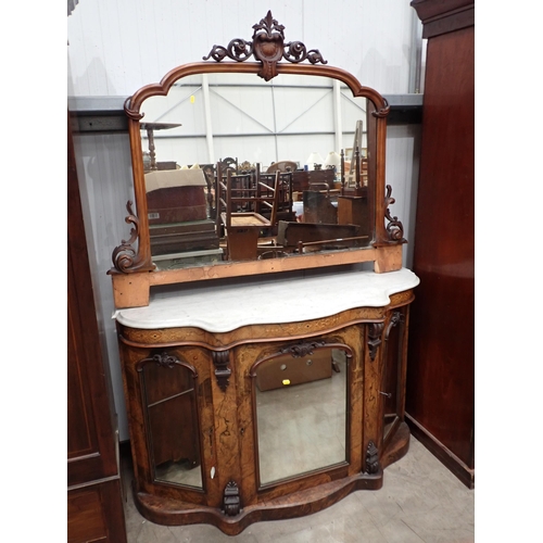 804 - A Victorian marble topped walnut and inlaid mirror back Credenza fitted three mirrored cupboard door... 