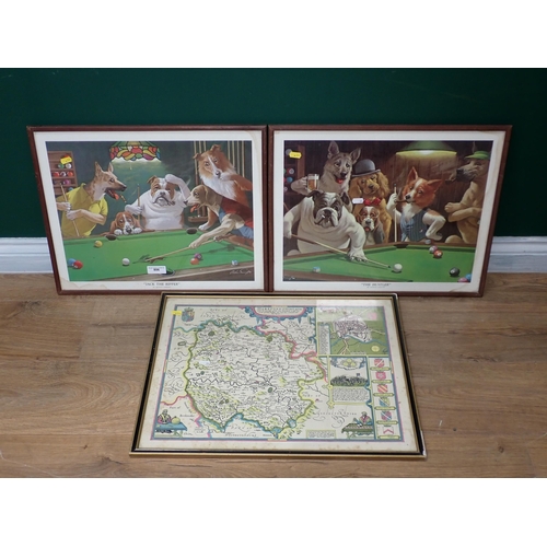 806 - Two framed comical Dog Prints and a reproduction framed Map of Herefordshire