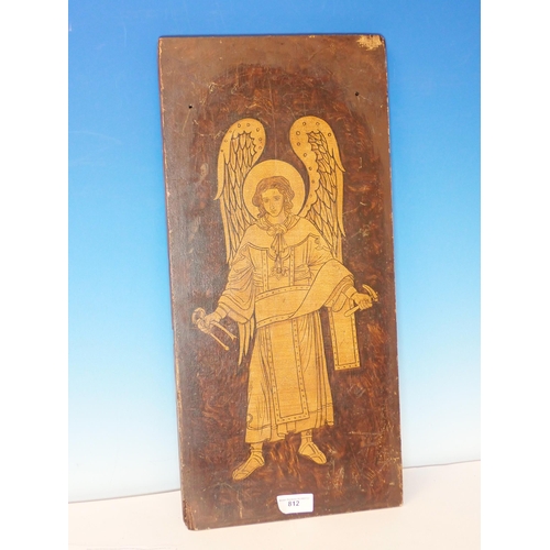 812 - An Arts and Crafts stained pine panel depicting a Saint 22in x 11in, a set of four Tiles depicting a... 