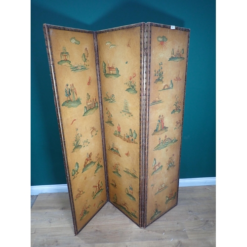 816 - A painted leather three panel Dressing Screen 5ft 9in H x 5ft 6in W