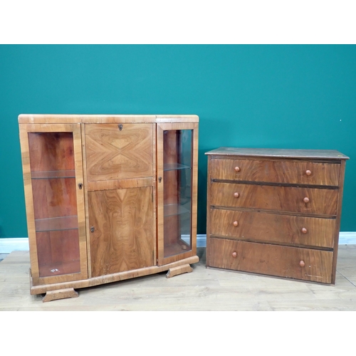 810 - An Art Deco walnut veneered Display Cabinet 3ft 6in W x 3ft 6in H, a walnut veneered Chest of four l... 