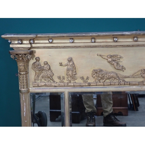 243 - A 19th Century gilt framed Overmantel with frieze of lion drawn chariot and figures above three beve... 