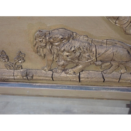 243 - A 19th Century gilt framed Overmantel with frieze of lion drawn chariot and figures above three beve... 