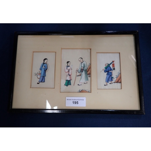 195 - Three Japanese rice Paintings of figures framed as a triptych