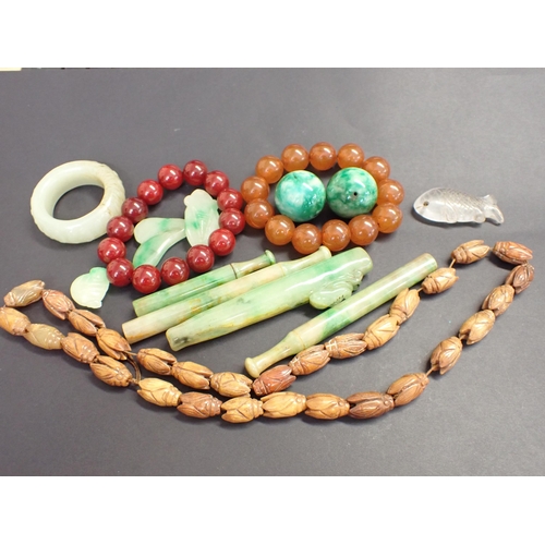 203 - Two resin bead Bracelets, carved bead Necklace, various jade type Pipes etc