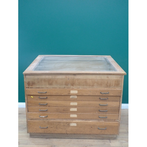 258 - An oak Map Chest with sloping glazed lid above six drawers A/F 4ft 1in W x 3ft 5in H