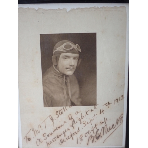 299 - A framed Photograph of a pilot with inscription referring to a passenger flight at Hereford, Septemb... 