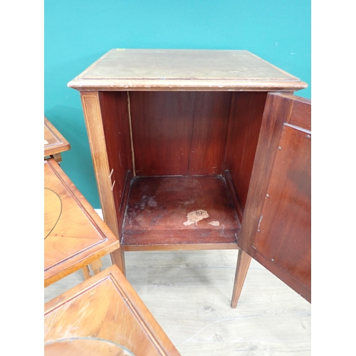 303 - An Edwardian crossbanded Pot Cupboard with squared tapering supports, a nest of three yew wood Table... 