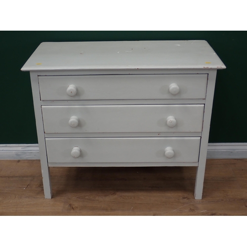 318 - A pale green painted Chest of three drawers on squared supports, 2ft 11in W x 2ft 5in H