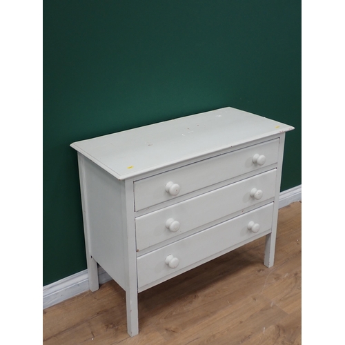 318 - A pale green painted Chest of three drawers on squared supports, 2ft 11in W x 2ft 5in H