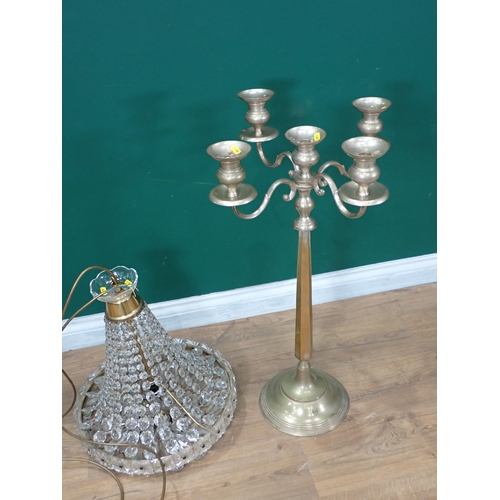 330 - A brass mounted Electrolier with glass pendants, 2ft 2in H approx. and a large plated floor standing... 