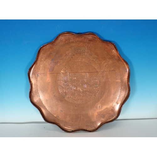 338 - A copper Tray with engraved scene of The Old Sloop Inn, St Ives, signed H. Dyer 19in D