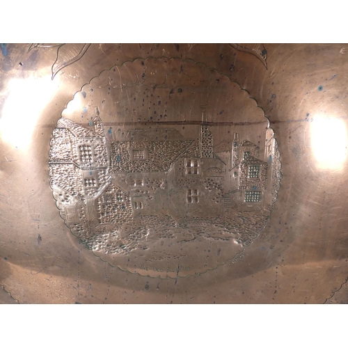 338 - A copper Tray with engraved scene of The Old Sloop Inn, St Ives, signed H. Dyer 19in D