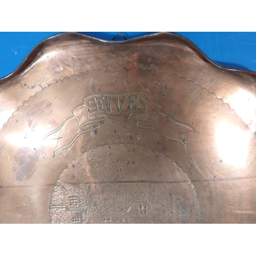 338 - A copper Tray with engraved scene of The Old Sloop Inn, St Ives, signed H. Dyer 19in D