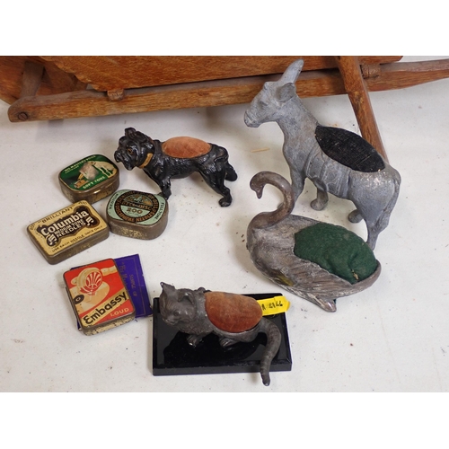 352 - A miniature wooden Wheelbarrow, Pin Cushions, Tins of Gramophone Needles, Postcards, etc.