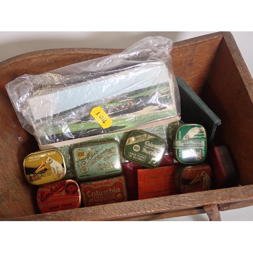 352 - A miniature wooden Wheelbarrow, Pin Cushions, Tins of Gramophone Needles, Postcards, etc.